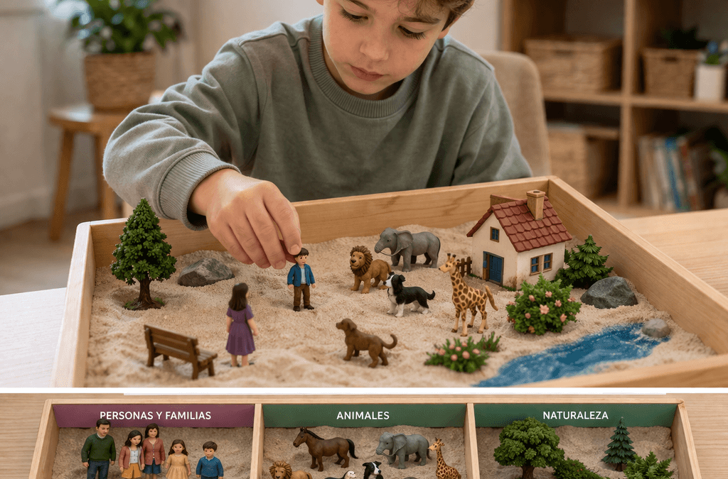Niño creando una escena con figuras en una caja de arena durante terapia infantil
