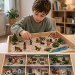Niño creando una escena con figuras en una caja de arena durante terapia infantil