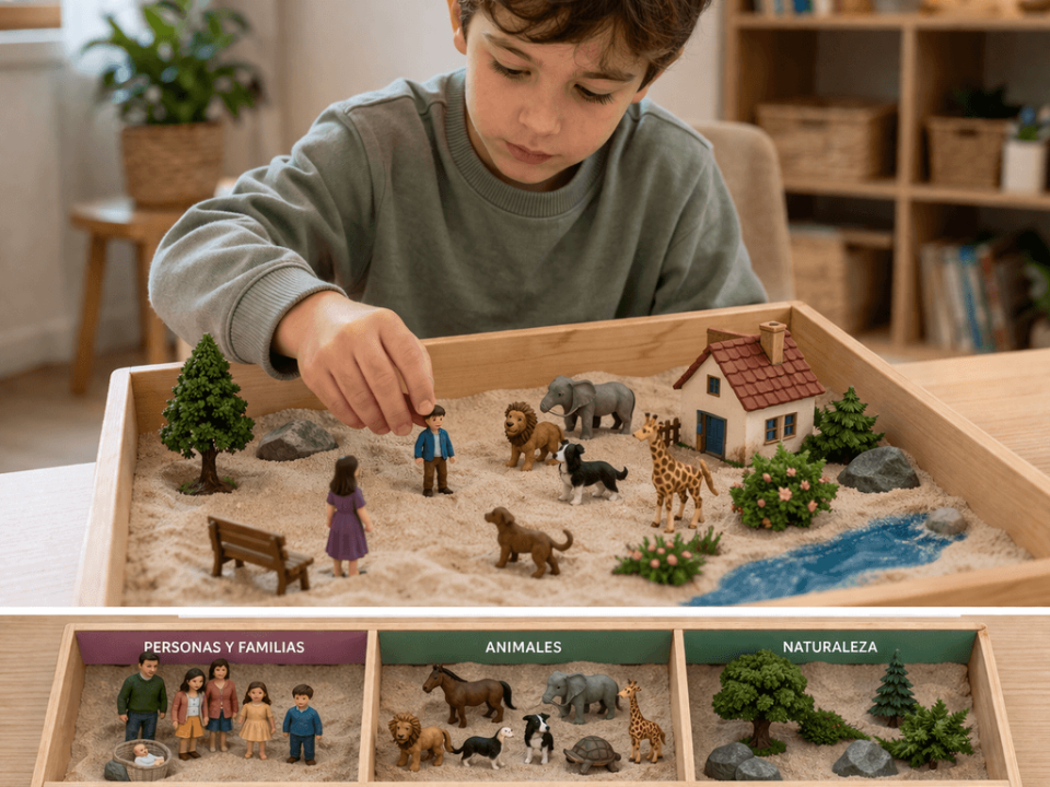 Niño creando una escena con figuras en una caja de arena durante terapia infantil