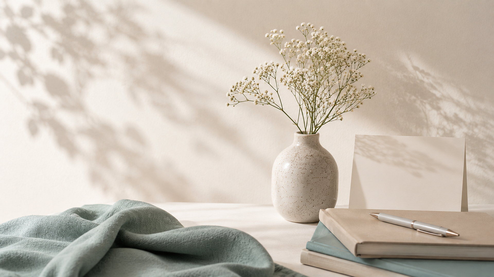 Psicóloga fertilidad A Coruña: espacio sereno con flores blancas, libretas y luz natural suave
